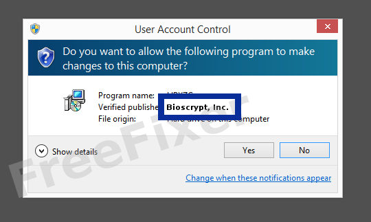 Screenshot where Bioscrypt, Inc. appears as the verified publisher in the UAC dialog